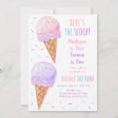 ピンクパープルガールアイスクリームジョイントバースデー 招待状 (正面)