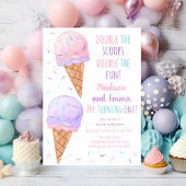 ピンクパープルガールアイスクリームジョイントファースト誕生日 招待状