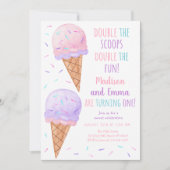 ピンクパープルガールアイスクリームジョイントファースト誕生日 招待状 (正面)