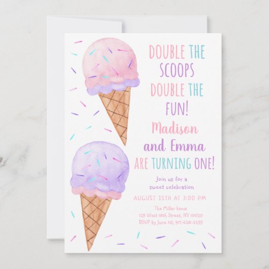 ピンクパープルガールアイスクリームジョイントファースト誕生日 招待状 (正面)