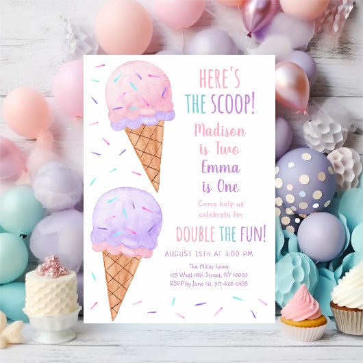 ピンクパープルガールアイスクリームジョイント誕生日 招待状