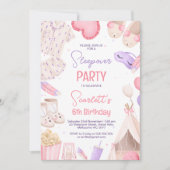 ピンクパープルガールズスリープバーパーティー誕生日 招待状 (正面)