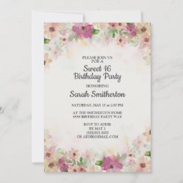 ピンクパープルクリームウォーターカラースウィート16誕生日 招待状