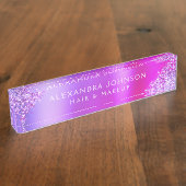 ピンクパープルグラデーショングリッタースパークルヘアメイクアップ デスクネームプレート (側面)