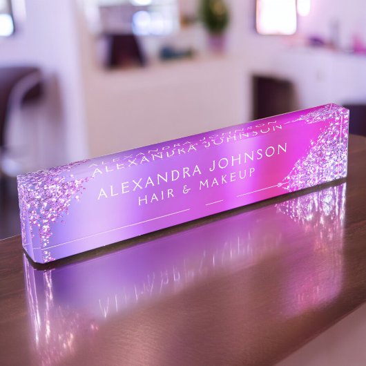 ピンクパープルグラデーショングリッタースパークルヘアメイクアップ デスクネームプレート