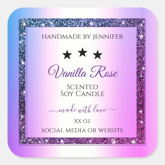 ピンクパープルグラデーショングリッタースパーク製品ラベル スクエアシール (正面)