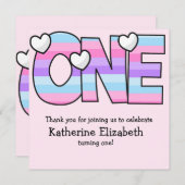 ピンクパープルグラデーションハートストライプファースト誕生日 サンキューカード (正面/裏面)