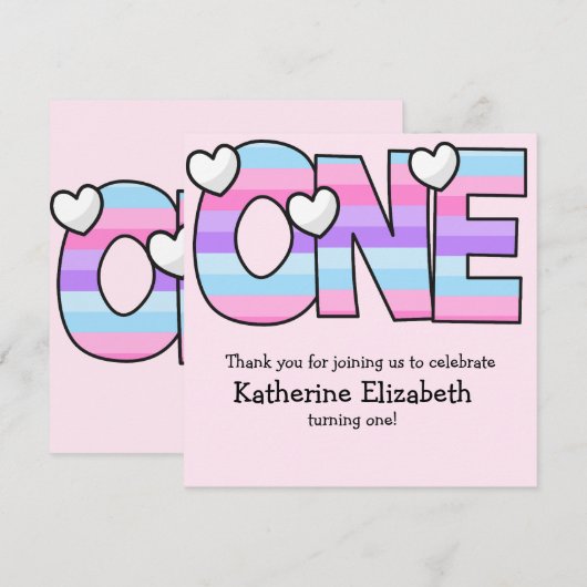 ピンクパープルグラデーションハートストライプファースト誕生日 サンキューカード (正面/裏面)