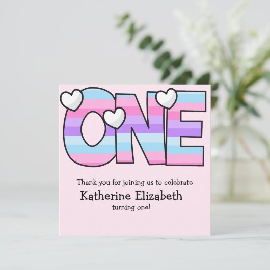 ピンクパープルグラデーションハートストライプファースト誕生日 サンキューカード (スタンド正面)