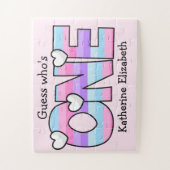 ピンクパープルグラデーションハートストライプファースト誕生日 ジグソーパズル (縦)