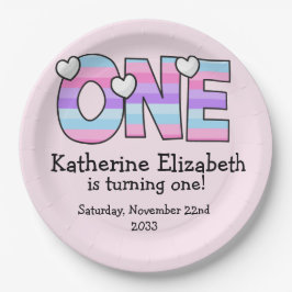 ピンクパープルグラデーションハートストライプファースト誕生日 ペーパープレート