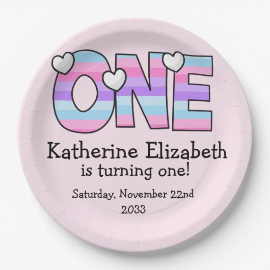 ピンクパープルグラデーションハートストライプファースト誕生日 ペーパープレート (正面)