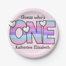 ピンクパープルグラデーションハートストライプファースト誕生日 ペーパープレート