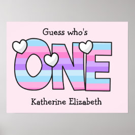 ピンクパープルグラデーションハートストライプファースト誕生日 ポスター