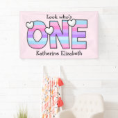 ピンクパープルグラデーションハートストライプファースト誕生日 横断幕 (インサイチュ)