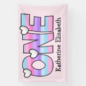 ピンクパープルグラデーションハートストライプファースト誕生日 横断幕 (縦)