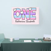 ピンクパープルグラデーションハートストライプファースト誕生日 横断幕 (トレードショー)