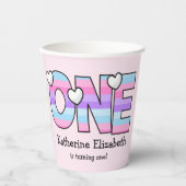 ピンクパープルグラデーションハートストライプファースト誕生日 紙コップ (正面)