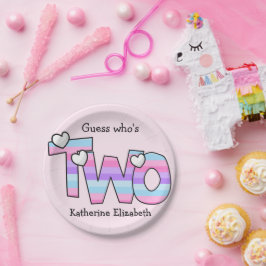 ピンクパープルグラデーションハートストライプ第2誕生日 ペーパープレート