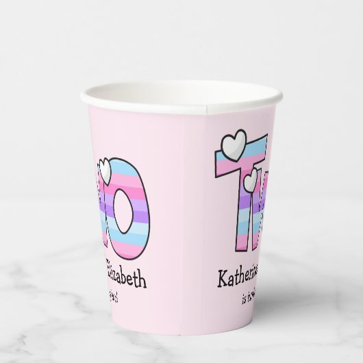 ピンクパープルグラデーションハートストライプ第2誕生日 紙コップ (右)