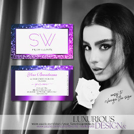 ピンクパープルグラデーションホワイトきらめくグリッターモノグラム 名刺