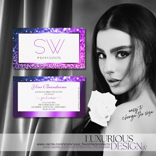 ピンクパープルグラデーションホワイトきらめくグリッターモノグラム 名刺