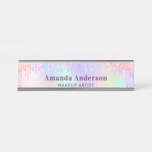 ピンクパープルグリッターはホログラフィックを乾燥させる デスクネームプレート (正面)