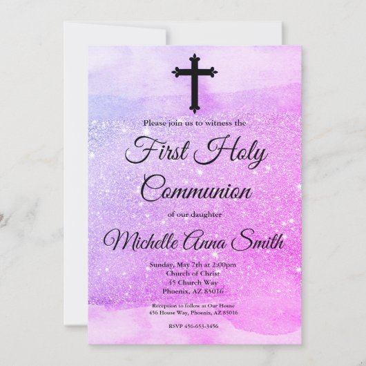 ピンクパープルグリッターガール第1回聖餐会 招待状 (正面)