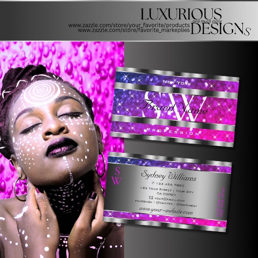 ピンクパープルグリッタースターズシルバーデコールモノグラム 名刺