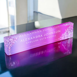 ピンクパープルグリッタースパークルまつげエクステンション デスクネームプレート