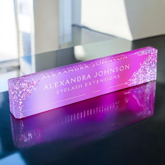 ピンクパープルグリッタースパークルまつげエクステンション デスクネームプレート