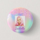 ピンクパープルグリッタードリップフォトボタン名タグ 缶バッジ (正面)