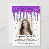 ピンクパープルグリッタードリップ誕生日スイート16写真 招待状 (正面)