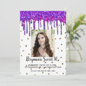 ピンクパープルグリッタードリップ誕生日スイート16写真 招待状 (スタンド正面)