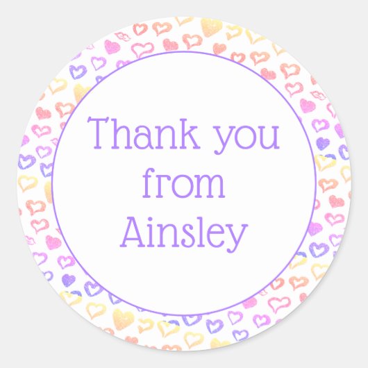 ピンクパープルグリッターハートカスタムサンキュー ラウンドシール (正面)