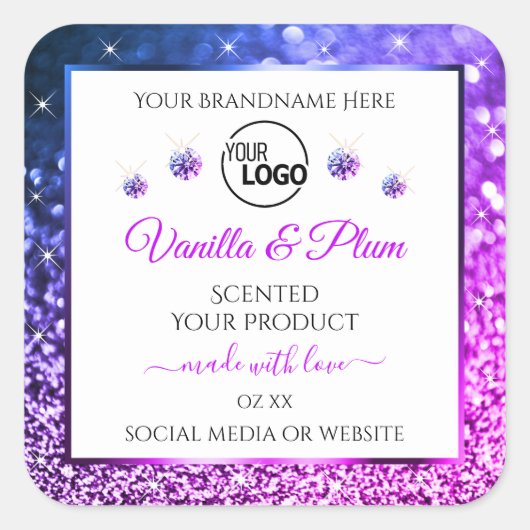 ピンクパープルグリッターロゴ製品ラベルダイヤモンド スクエアシール (正面)