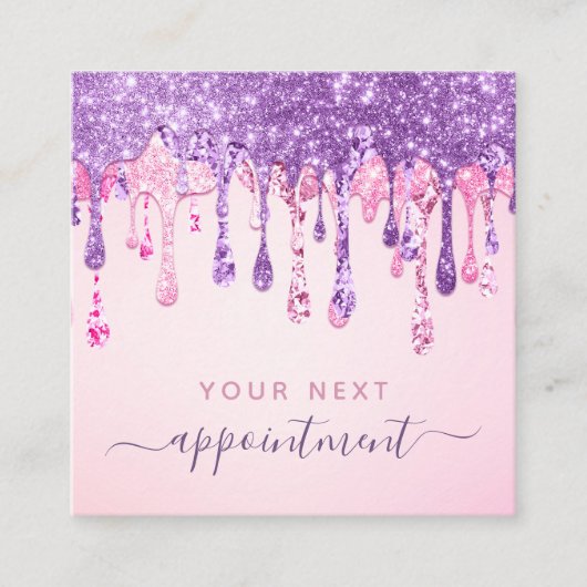 ピンクパープルグリッター滴下アポイントメントアラーム スクエア名刺 (正面)