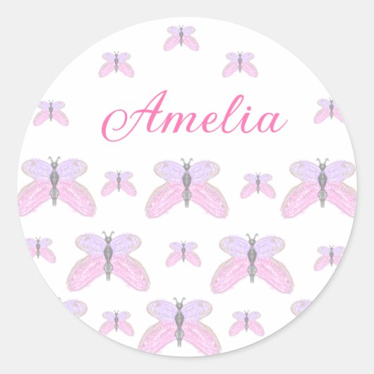 ピンクパープルグリッター蝶を追加する名前の文字文字 ラウンドシール (正面)