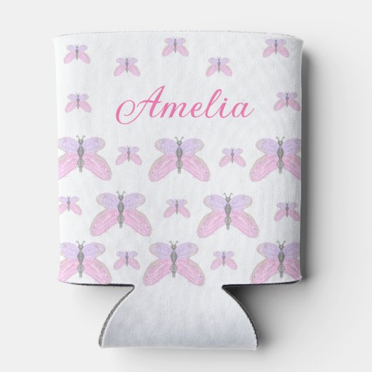 ピンクパープルグリッター蝶を追加する名前の文字文字 缶クーラー (裏面)