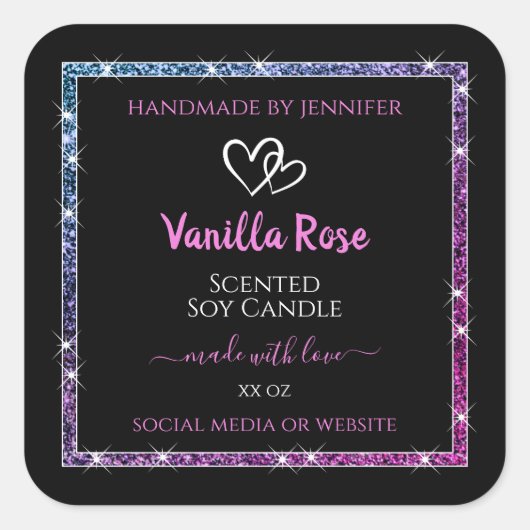 ピンクパープルグリッター製品包装ラベルブラック スクエアシール (正面)