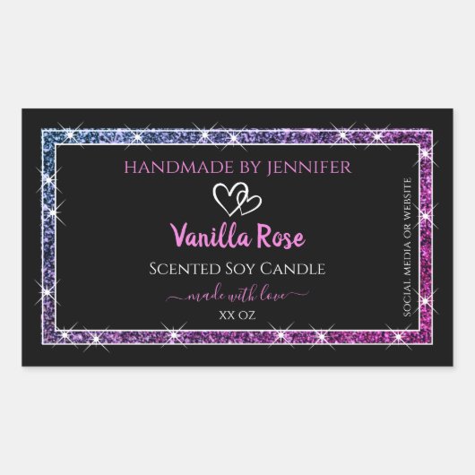 ピンクパープルグリッター製品包装ラベルブラック 長方形シール (正面)