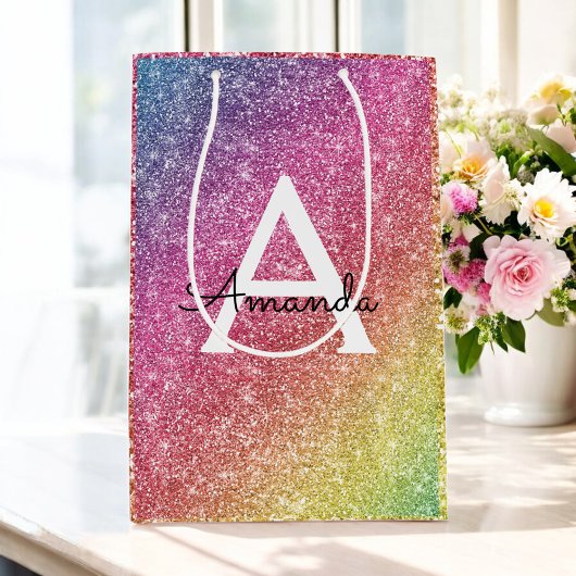 ピンクパープルグリッター誕生日 ミディアムペーパーバッグ