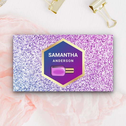 ピンクパープルグリッター金ゴールド爪、 ネイルポーランドマニキュリスト 名刺
