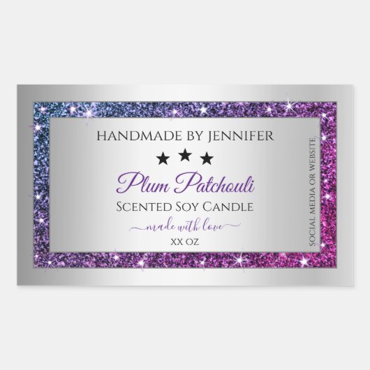 ピンクパープルグリッター銀製品包装ラベル 長方形シール (正面)