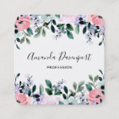 ピンクパープルグリーンウォーター色のフローラ縁ど スクエア名刺 (正面)