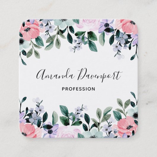 ピンクパープルグリーンウォーター色のフローラ縁ど スクエア名刺 (正面)
