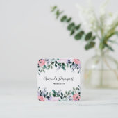 ピンクパープルグリーンウォーター色のフローラ縁ど スクエア名刺 (スタンド正面)