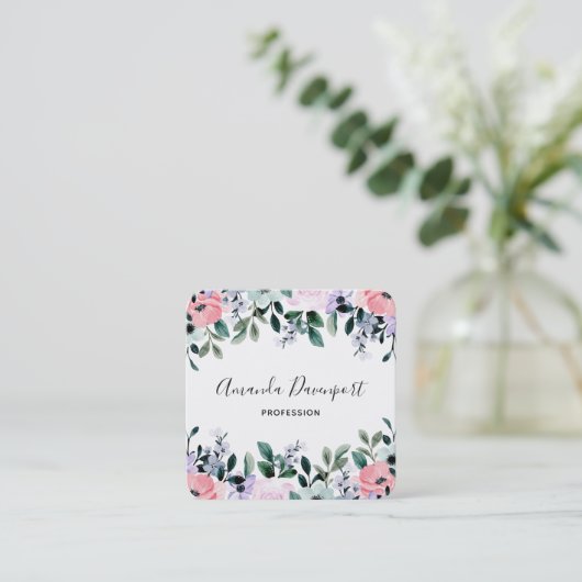ピンクパープルグリーンウォーター色のフローラ縁ど スクエア名刺 (スタンド正面)