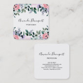 ピンクパープルグリーンウォーター色のフローラ縁ど スクエア名刺 (正面/裏面)