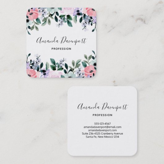 ピンクパープルグリーンウォーター色のフローラ縁ど スクエア名刺 (正面/裏面)